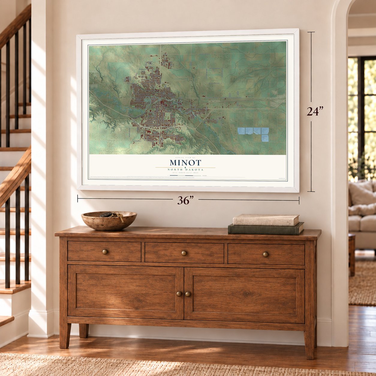 Minot, North Dakota map, 24 x 36 inch print in a white frame above a dresser by a staircase