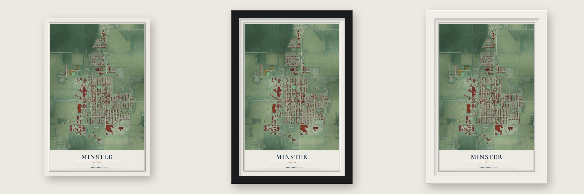 Minster, Ohio map unframed, in a black wood frame and in a white wood frame