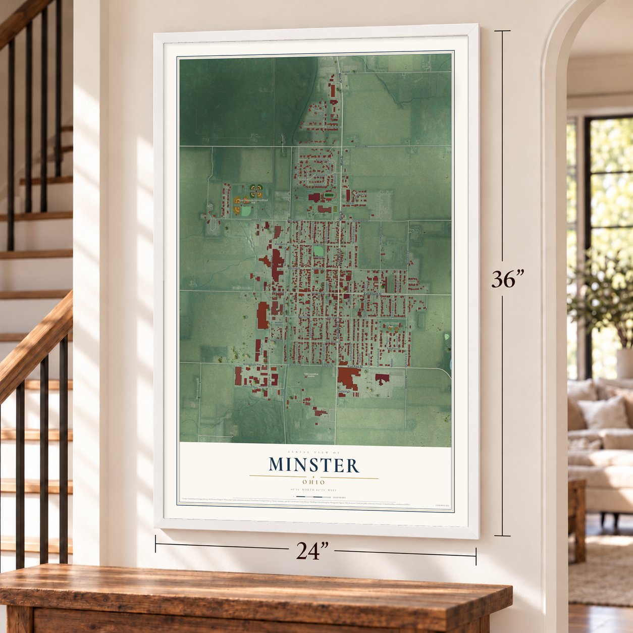Minster, Ohio map, 24 x 36 inch print in a white frame by a staircase