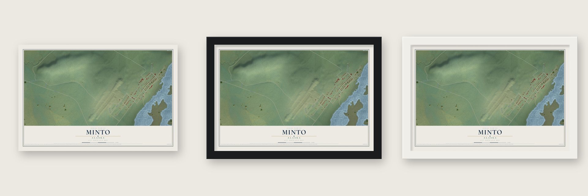 Minto, Alaska map unframed, in a black wood frame and in a white wood frame