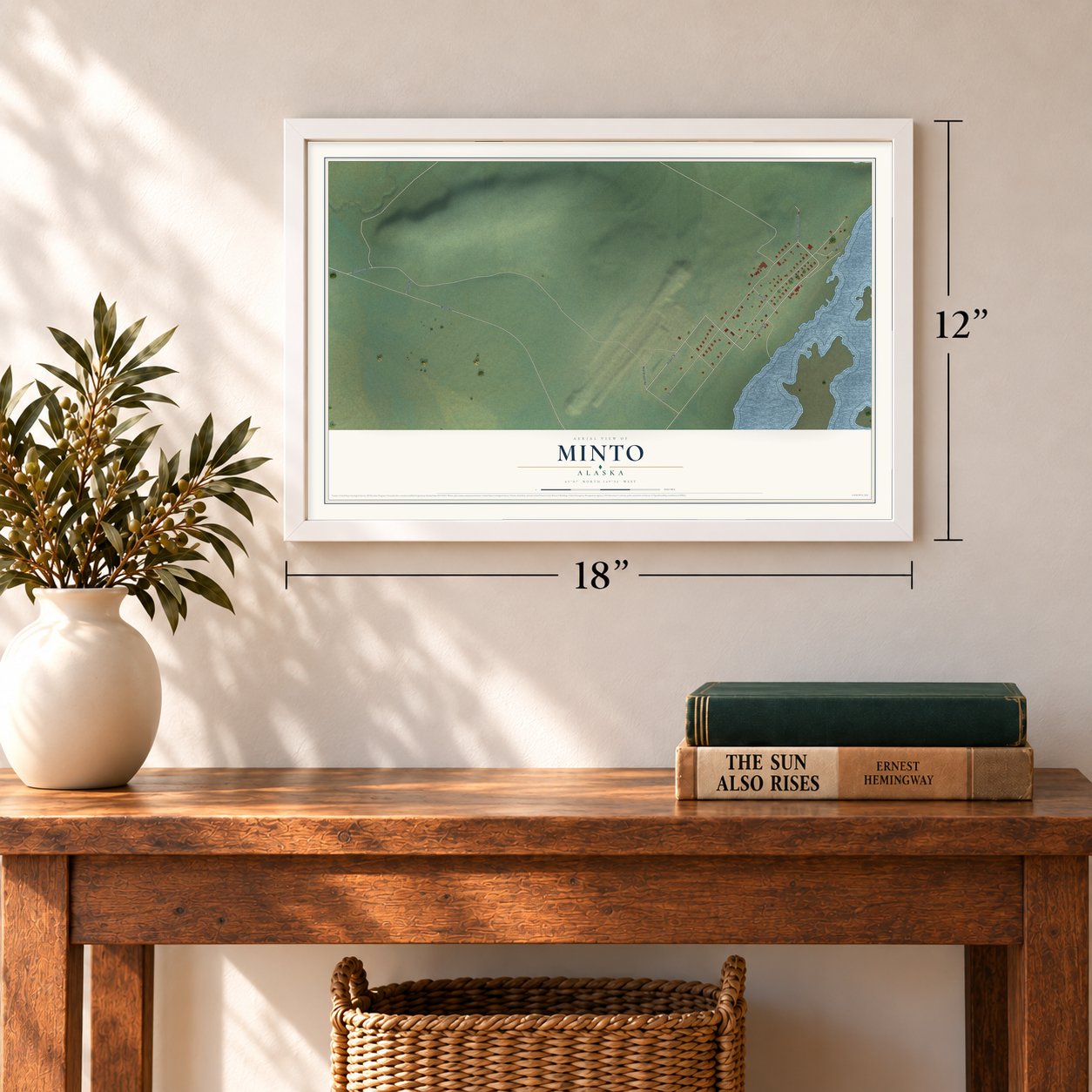 Minto, Alaska map, 12 x 18 inch print in a white frame in an entryway