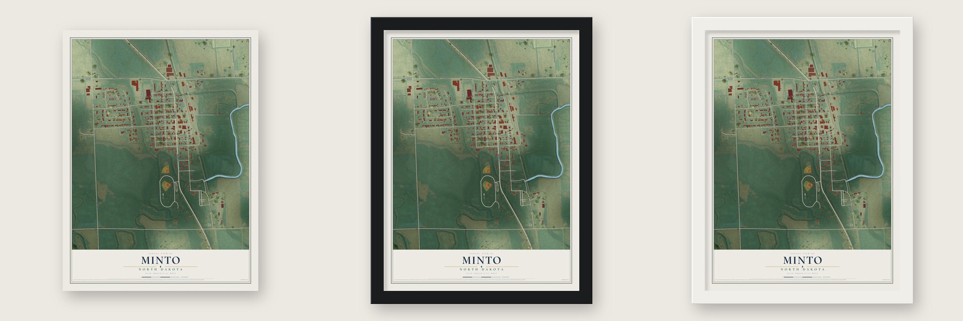 Minto, North Dakota map unframed, in a black wood frame and in a white wood frame