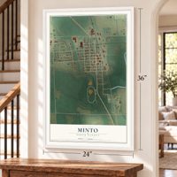 Minto, North Dakota map, 24 x 36 inch print in a white frame by a staircase