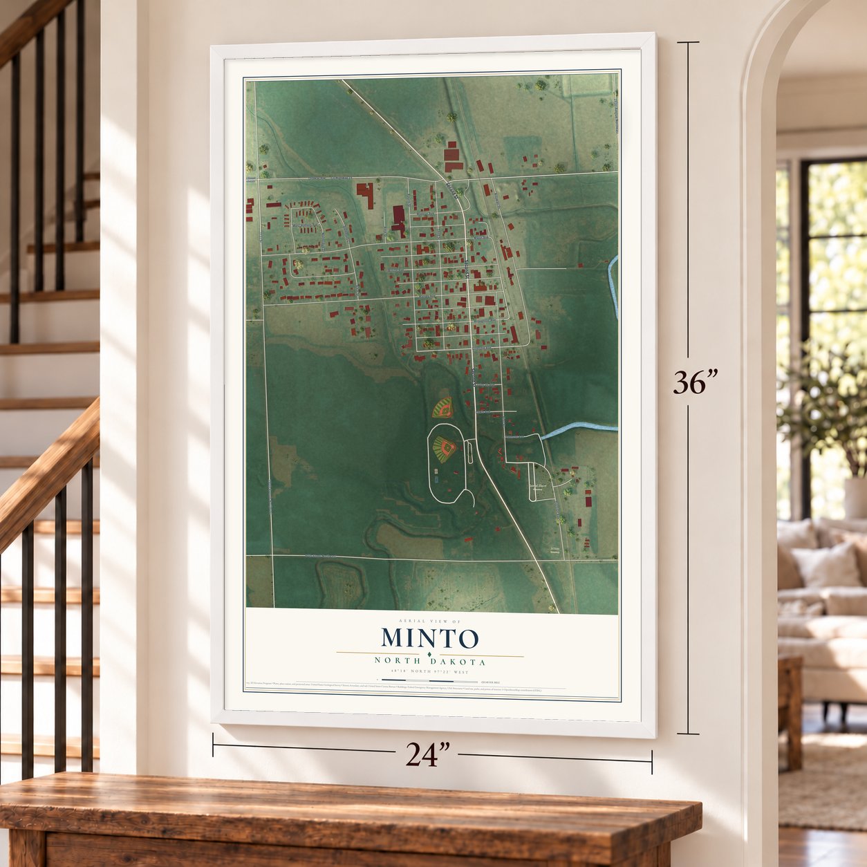 Minto, North Dakota map, 24 x 36 inch print in a white frame by a staircase