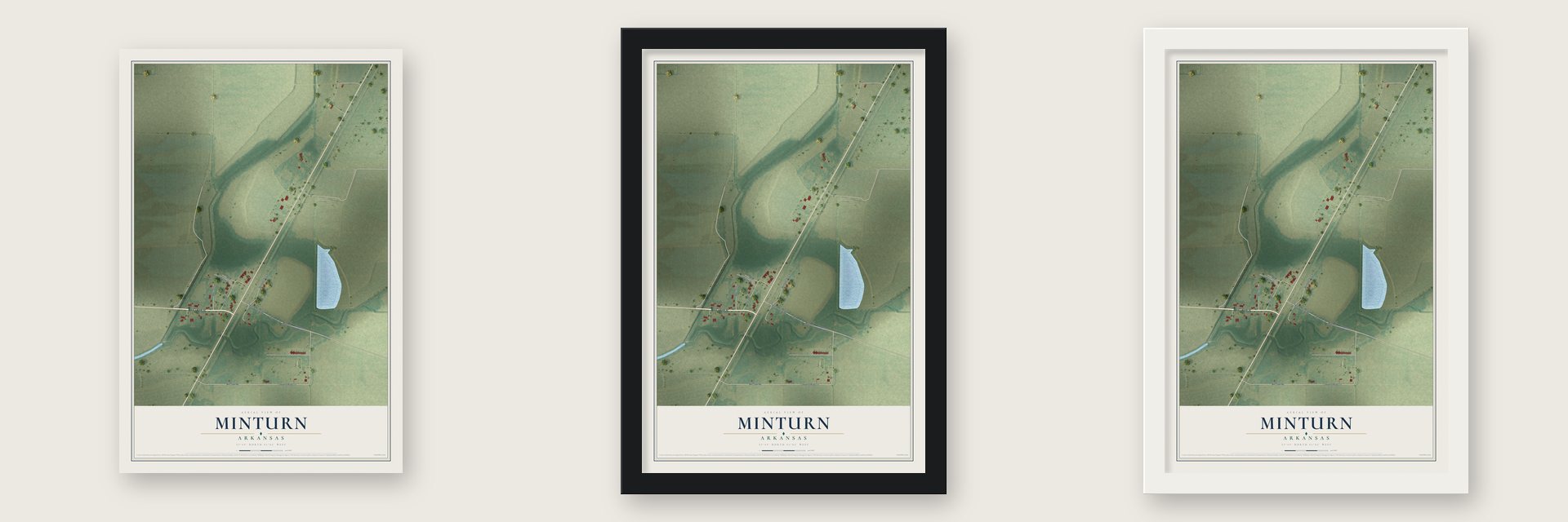 Minturn, Arkansas map unframed, in a black wood frame and in a white wood frame