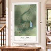 Minturn, Arkansas map, 24 x 36 inch print in a white frame by a staircase