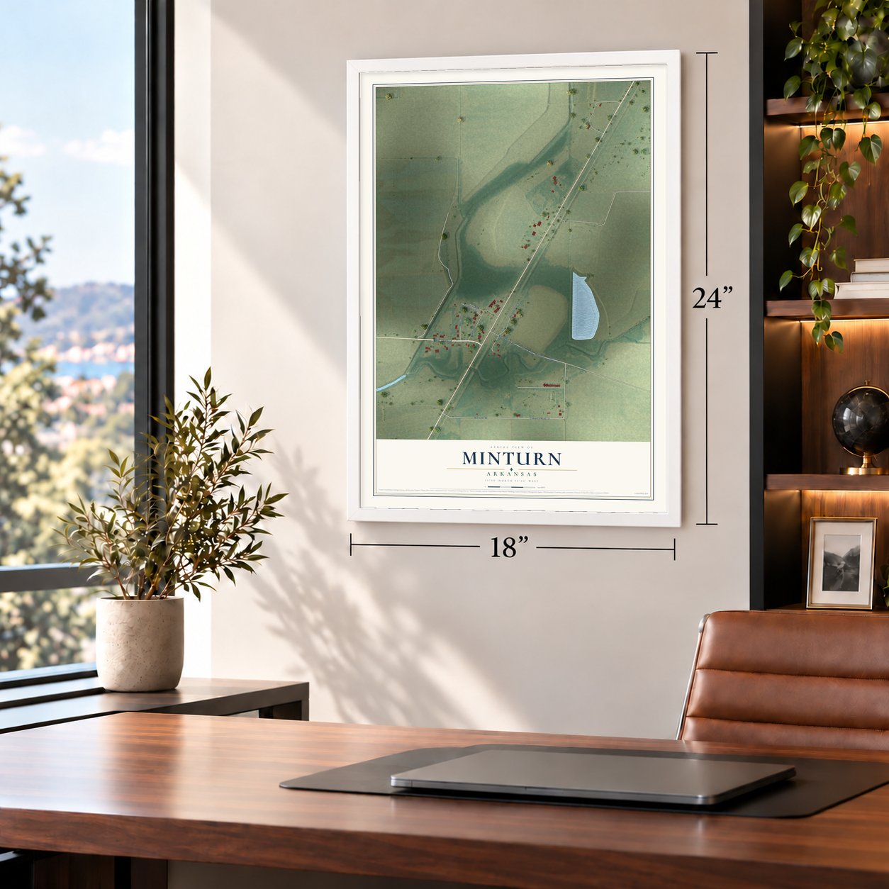 Minturn, Arkansas map, 18 x 24 inch print in a white frame in a home office