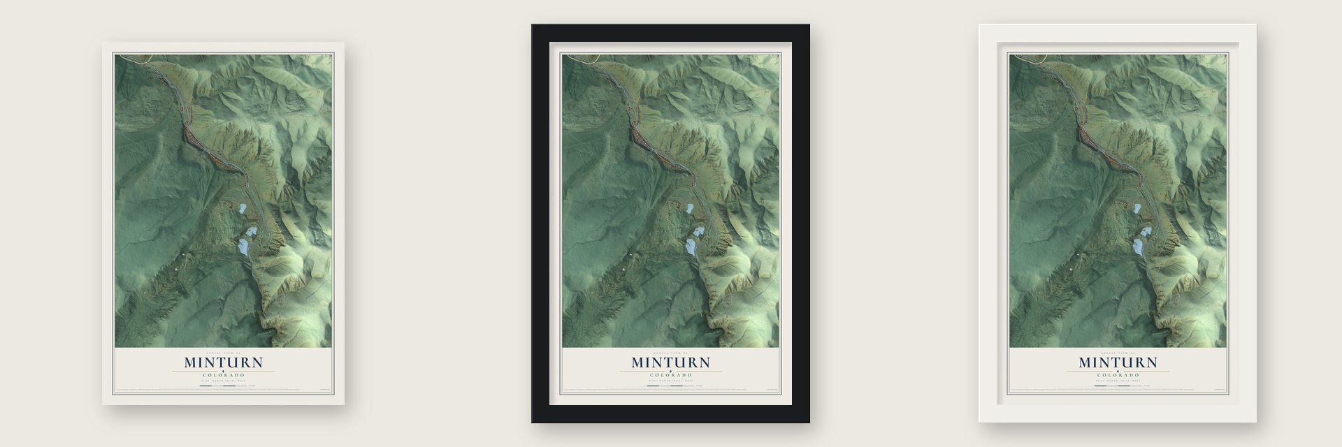 Minturn, Colorado map unframed, in a black wood frame and in a white wood frame
