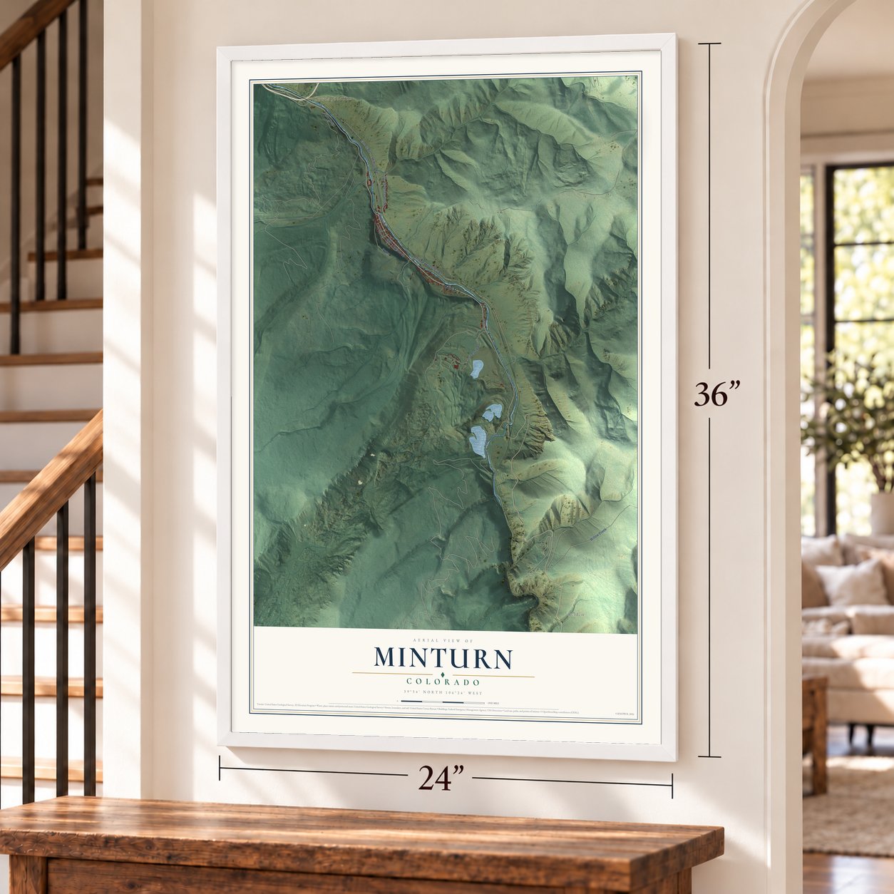 Minturn, Colorado map, 24 x 36 inch print in a white frame by a staircase