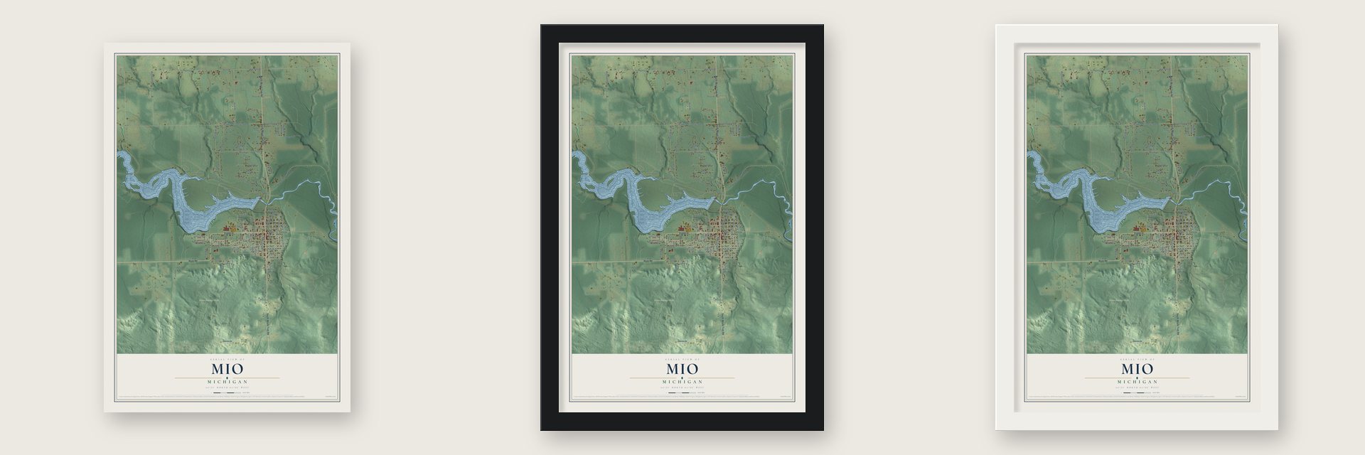 Mio, Michigan map unframed, in a black wood frame and in a white wood frame