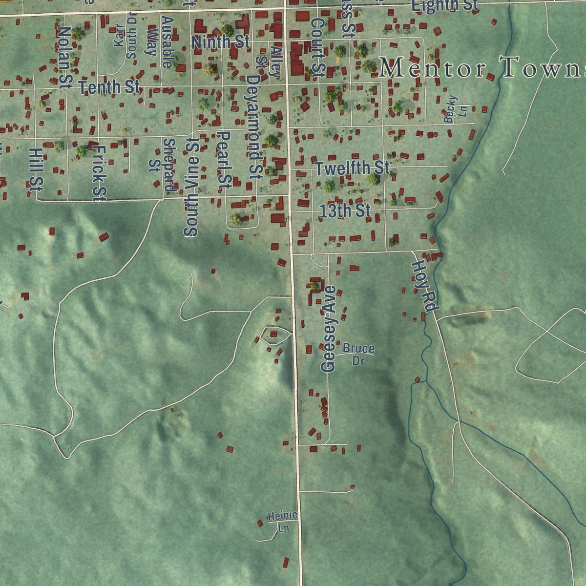 Second close-up of the map of Mio, Michigan print showing more streets and buildings