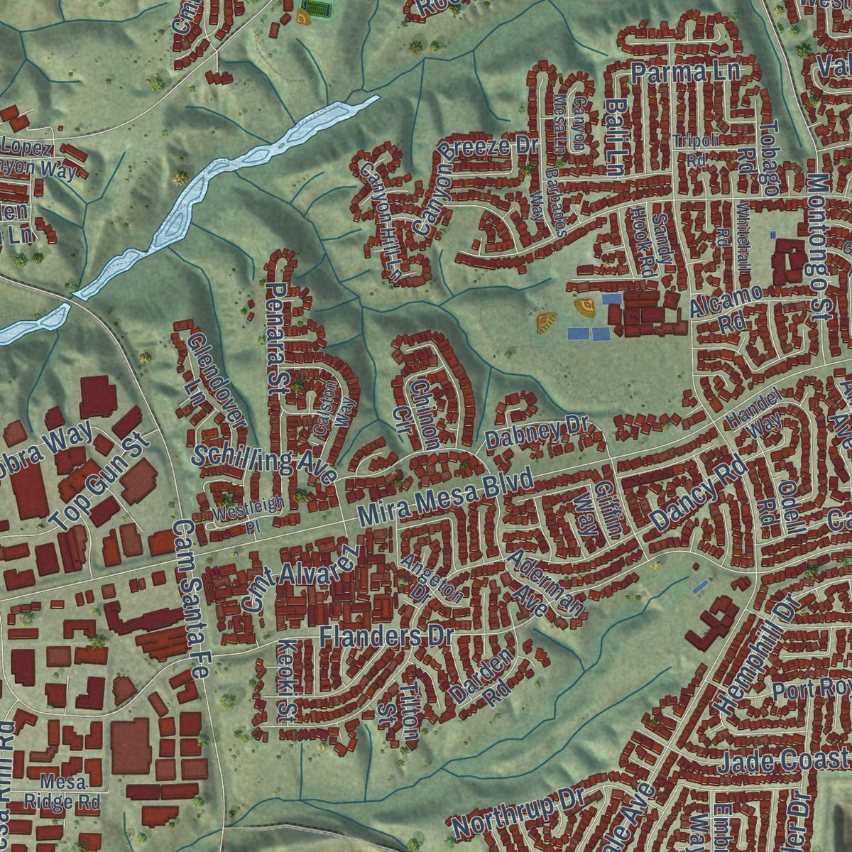 Second close-up of the map of Mira Mesa, California print showing more streets and buildings