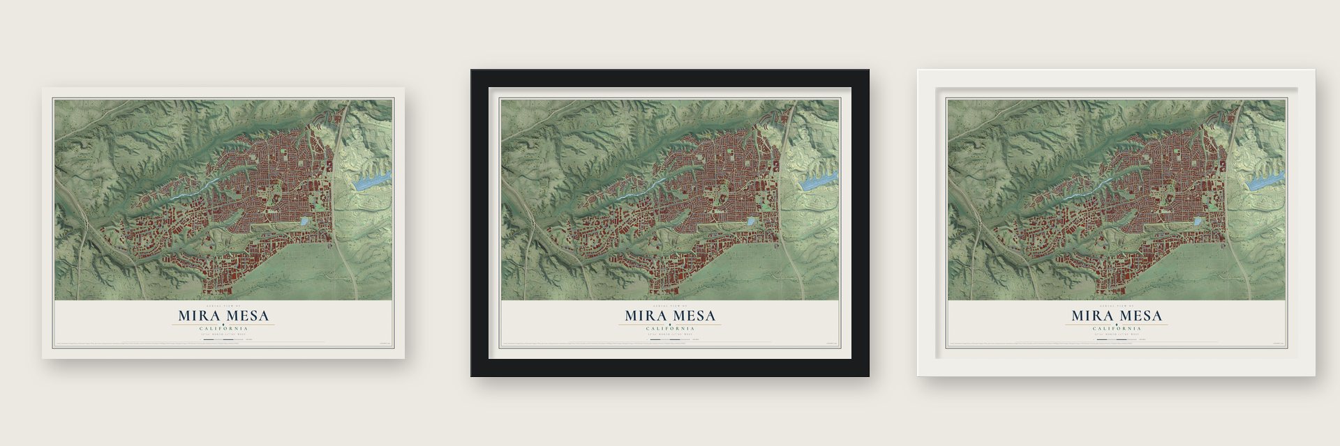 Mira Mesa, California map unframed, in a black wood frame and in a white wood frame