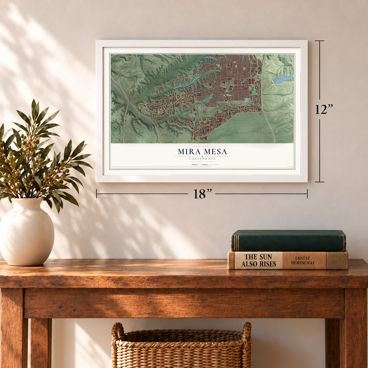 Mira Mesa, California map, 12 x 18 inch print in a white frame in an entryway