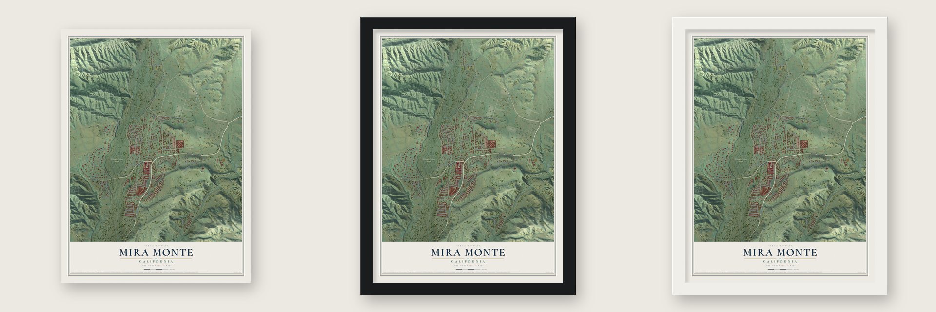Mira Monte, California map unframed, in a black wood frame and in a white wood frame