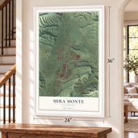 Mira Monte, California map, 24 x 36 inch print in a white frame by a staircase