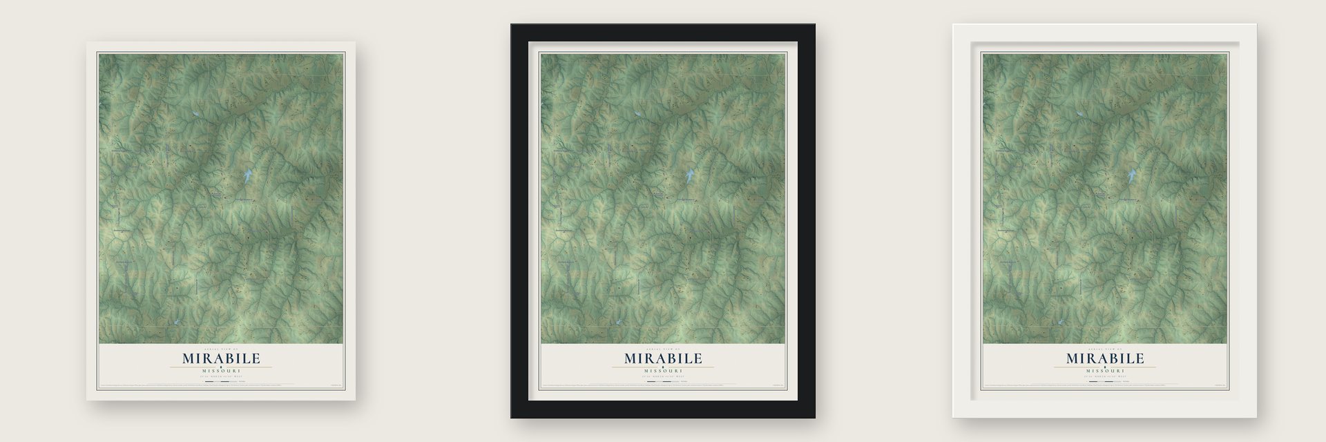 Mirabile, Missouri map unframed, in a black wood frame and in a white wood frame