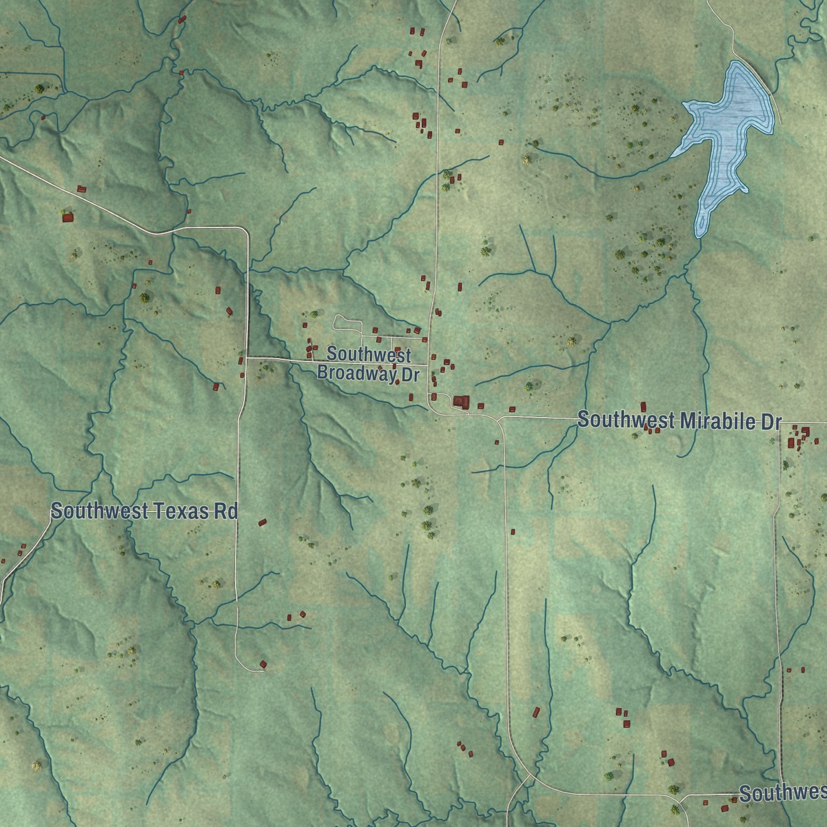 Second close-up of the map of Mirabile, Missouri print showing more streets and buildings