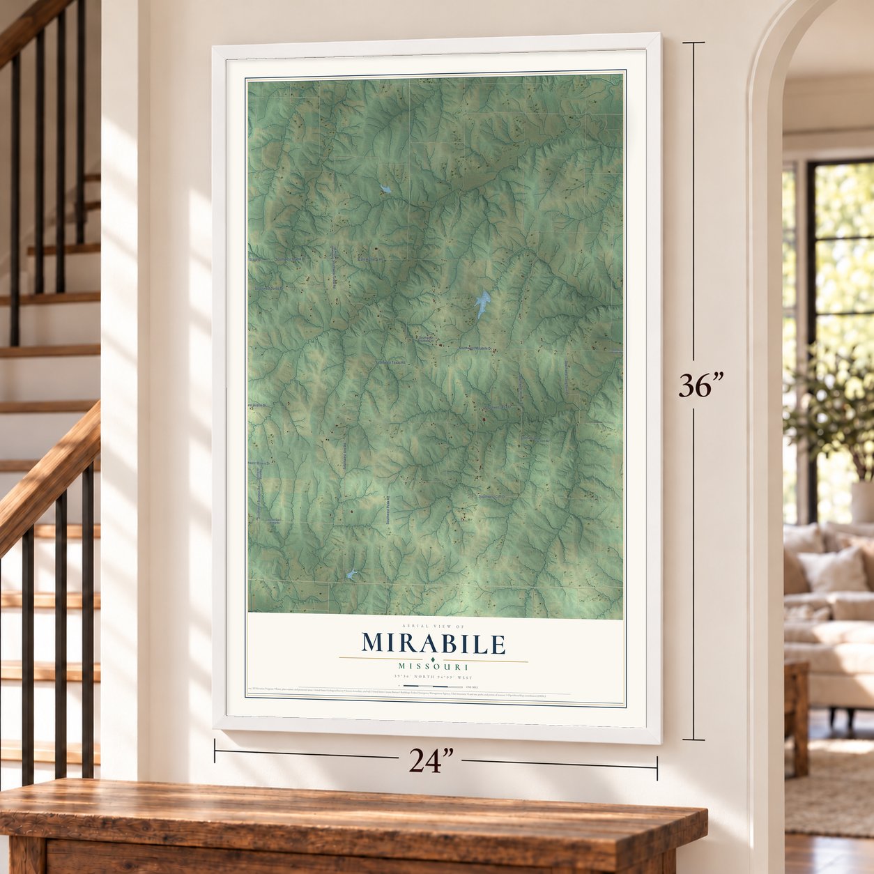 Mirabile, Missouri map, 24 x 36 inch print in a white frame by a staircase