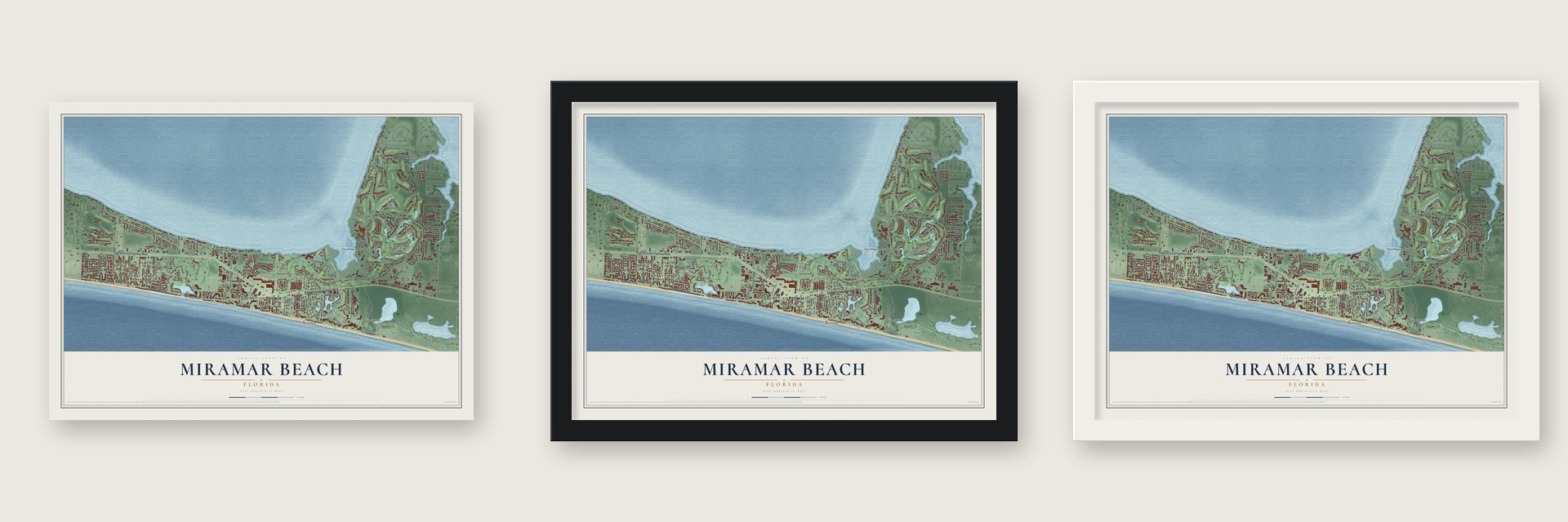 Miramar Beach, Florida map unframed, in a black wood frame and in a white wood frame