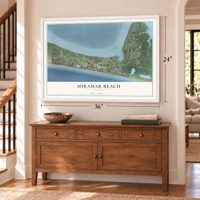 Miramar Beach, Florida map, 24 x 36 inch print in a white frame above a dresser by a staircase