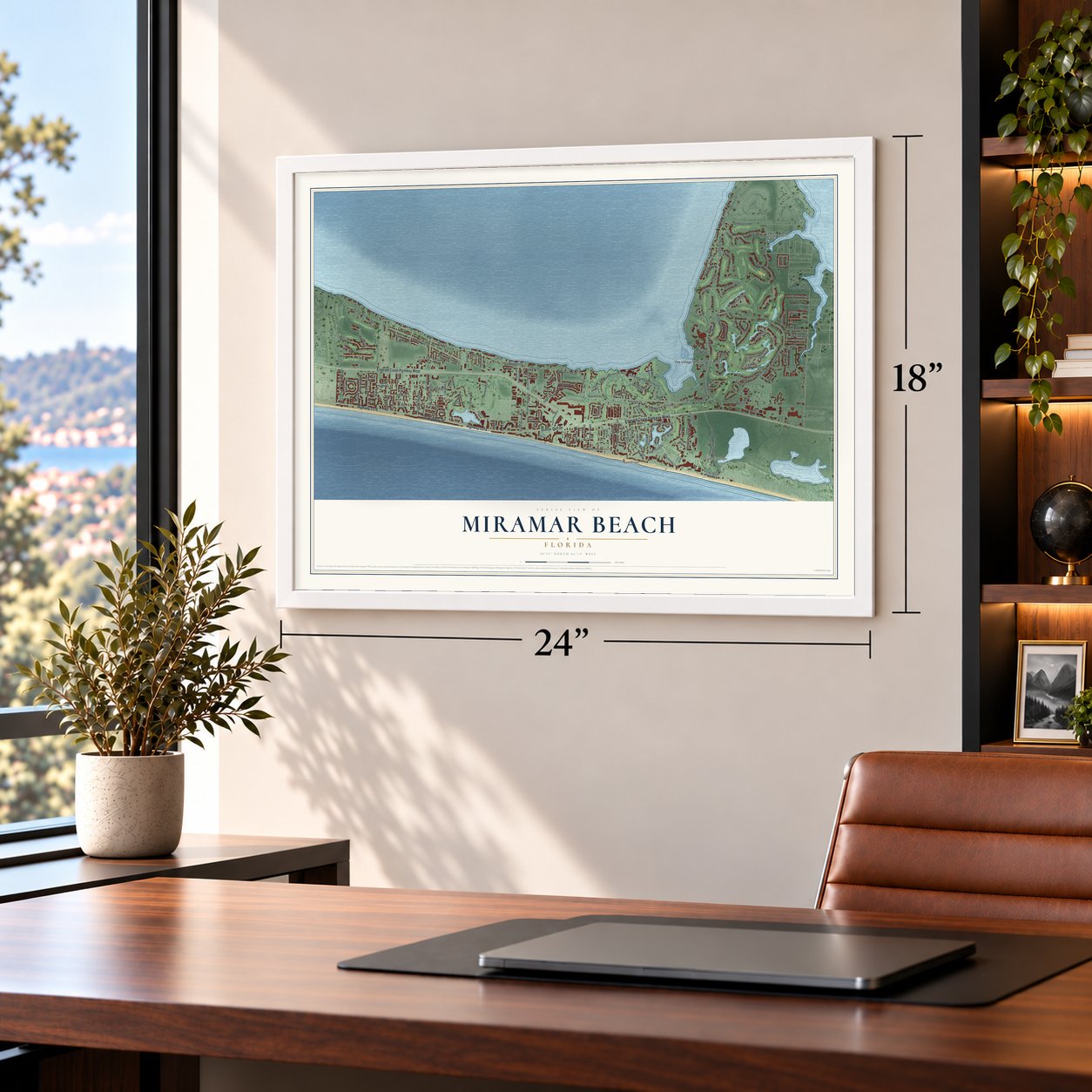 Miramar Beach, Florida map, 18 x 24 inch print in a white frame in a home office
