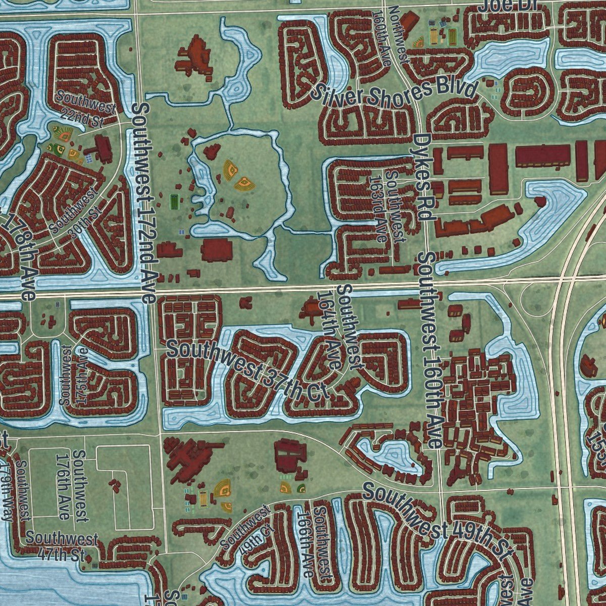 Second close-up of the map of Miramar, Florida print showing more streets and buildings