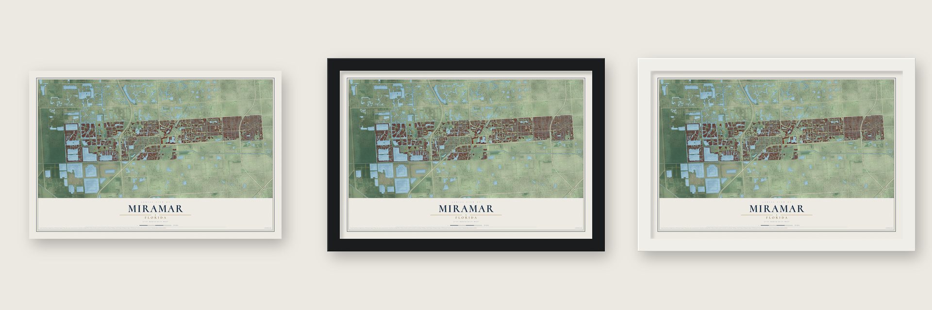 Miramar, Florida map unframed, in a black wood frame and in a white wood frame