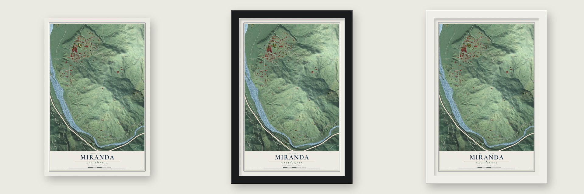 Miranda, California map unframed, in a black wood frame and in a white wood frame
