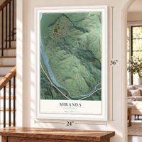 Miranda, California map, 24 x 36 inch print in a white frame by a staircase