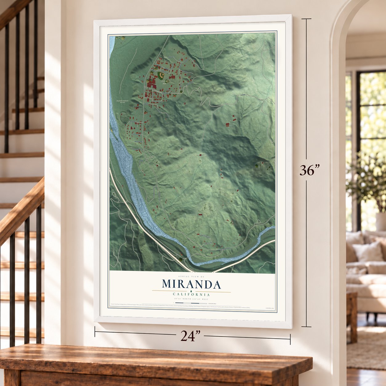 Miranda, California map, 24 x 36 inch print in a white frame by a staircase