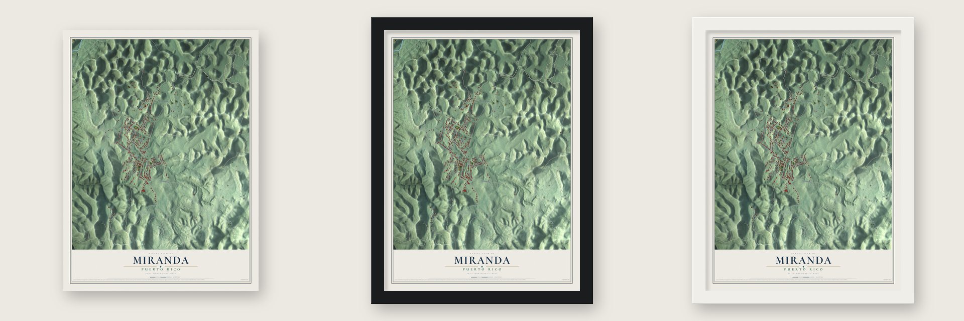 Miranda, Puerto Rico map unframed, in a black wood frame and in a white wood frame
