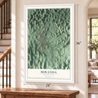 Miranda, Puerto Rico map, 24 x 36 inch print in a white frame by a staircase