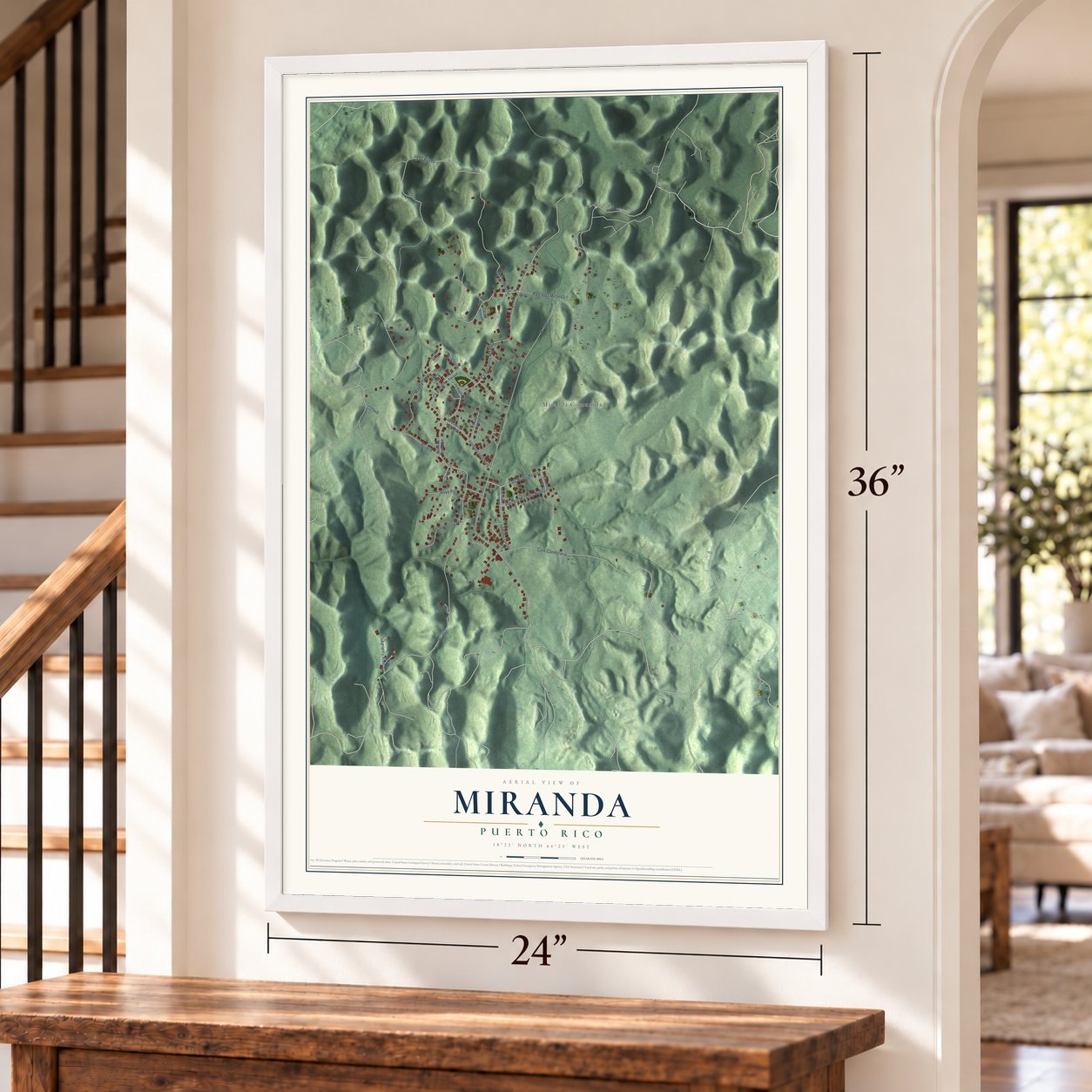 Miranda, Puerto Rico map, 24 x 36 inch print in a white frame by a staircase