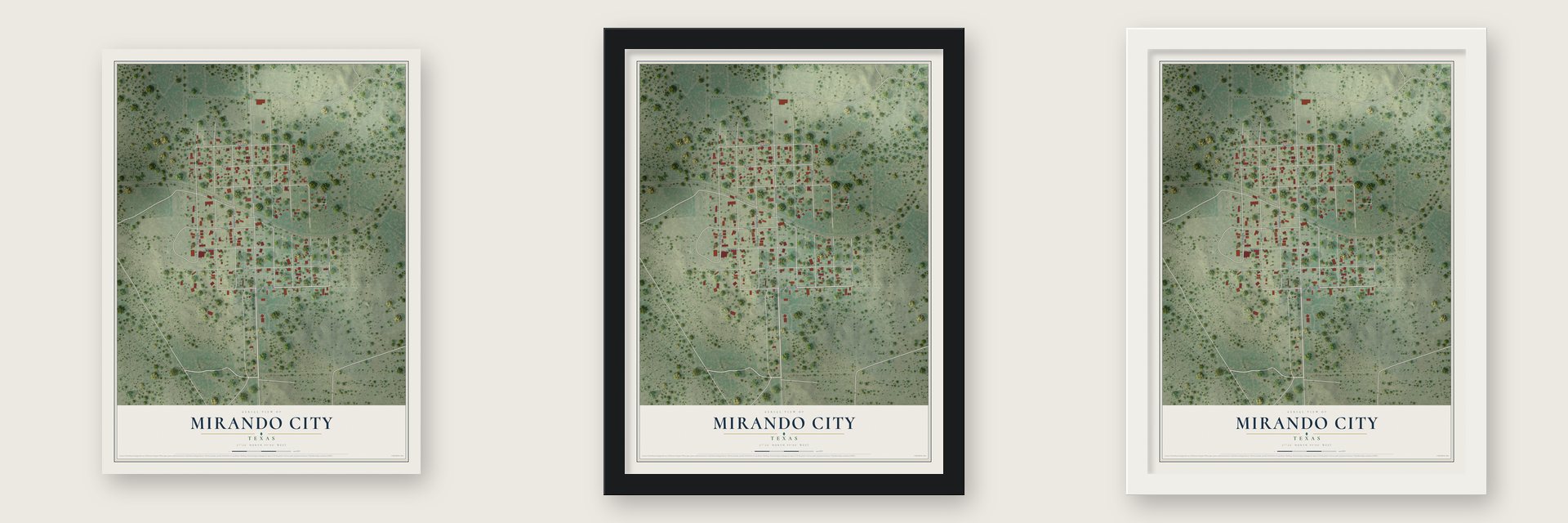 Mirando City, Texas map unframed, in a black wood frame and in a white wood frame