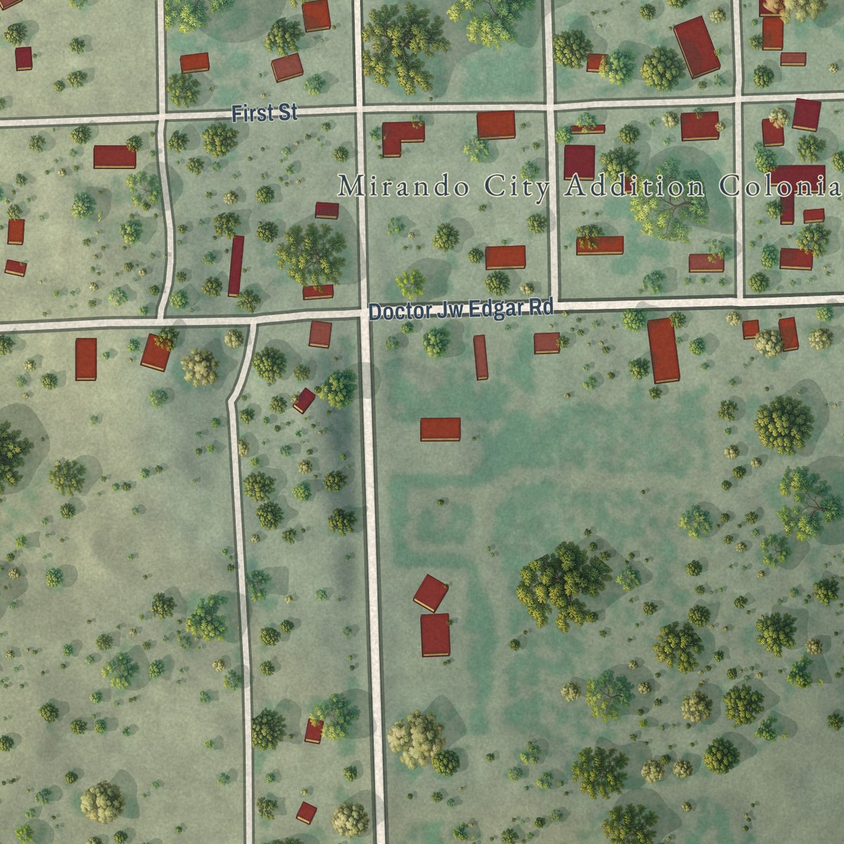 Second close-up of the map of Mirando City, Texas print showing more streets and buildings