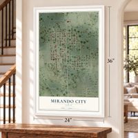 Mirando City, Texas map, 24 x 36 inch print in a white frame by a staircase
