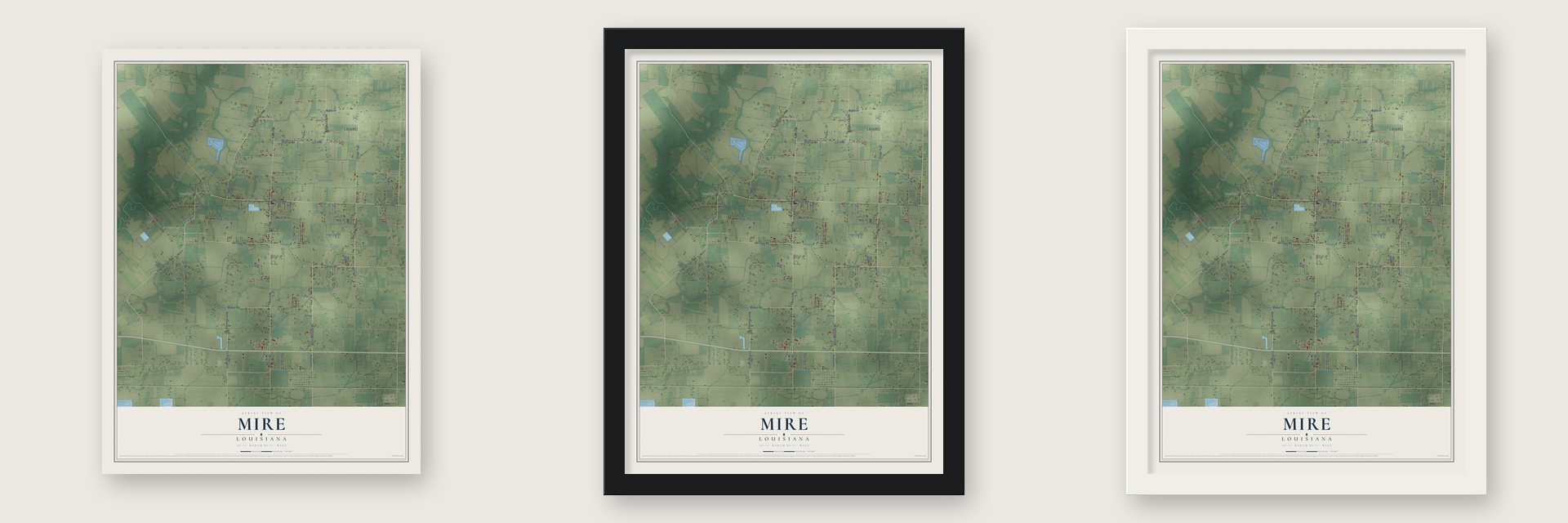 Mire, Louisiana map unframed, in a black wood frame and in a white wood frame