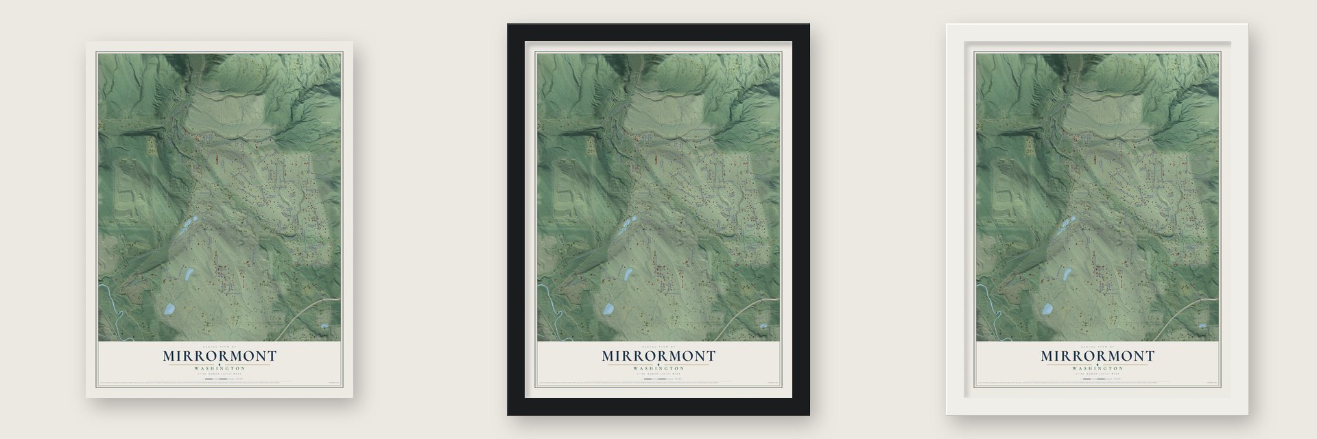 Mirrormont, Washington map unframed, in a black wood frame and in a white wood frame