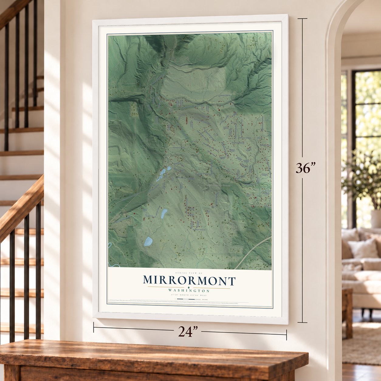 Mirrormont, Washington map, 24 x 36 inch print in a white frame by a staircase