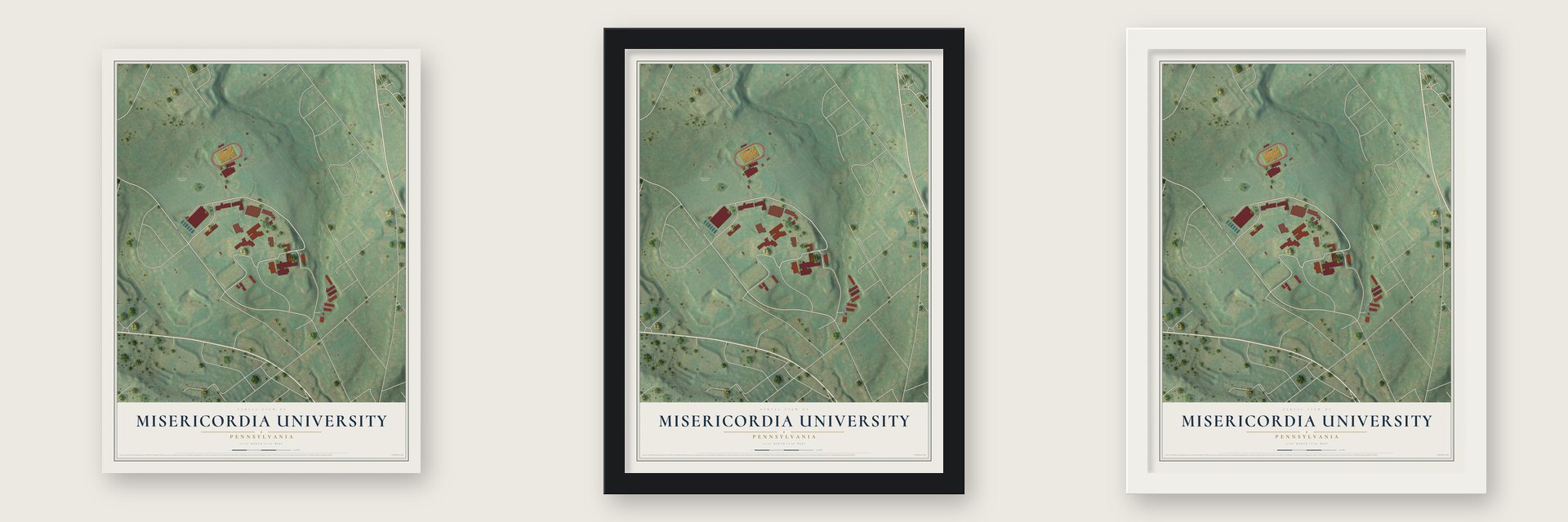 Misericordia University, Pennsylvania map unframed, in a black wood frame and in a white wood frame