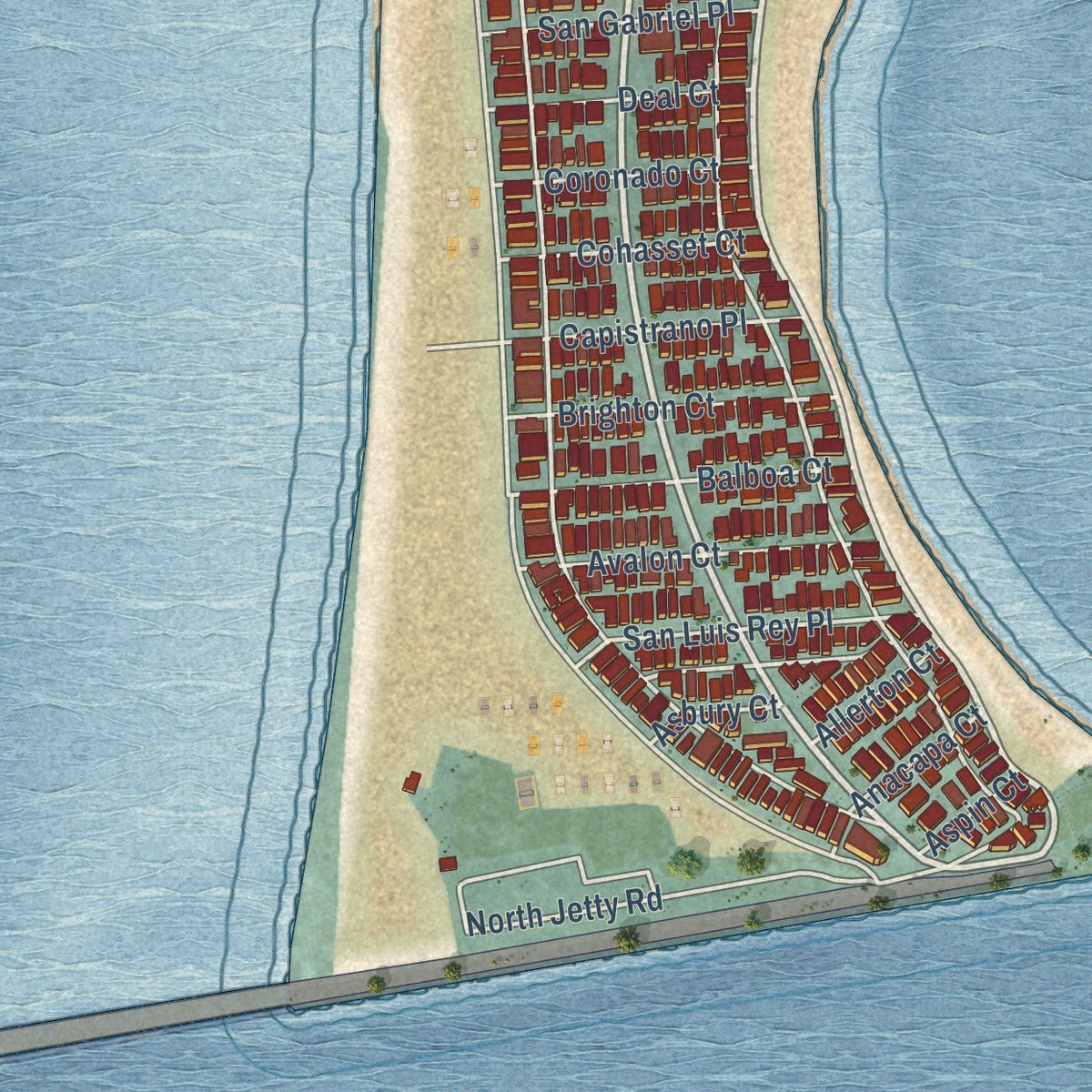 Second close-up of the map of Mission Beach, California print showing more streets and buildings