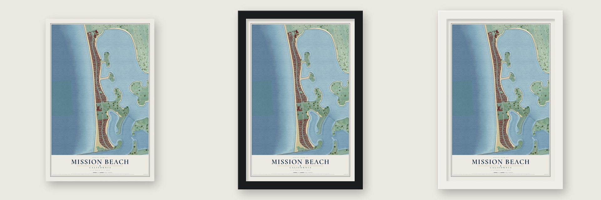 Mission Beach, California map unframed, in a black wood frame and in a white wood frame