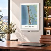 Mission Beach, California map, 18 x 24 inch print in a white frame in a home office