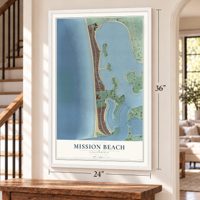 Mission Beach, California map, 24 x 36 inch print in a white frame by a staircase
