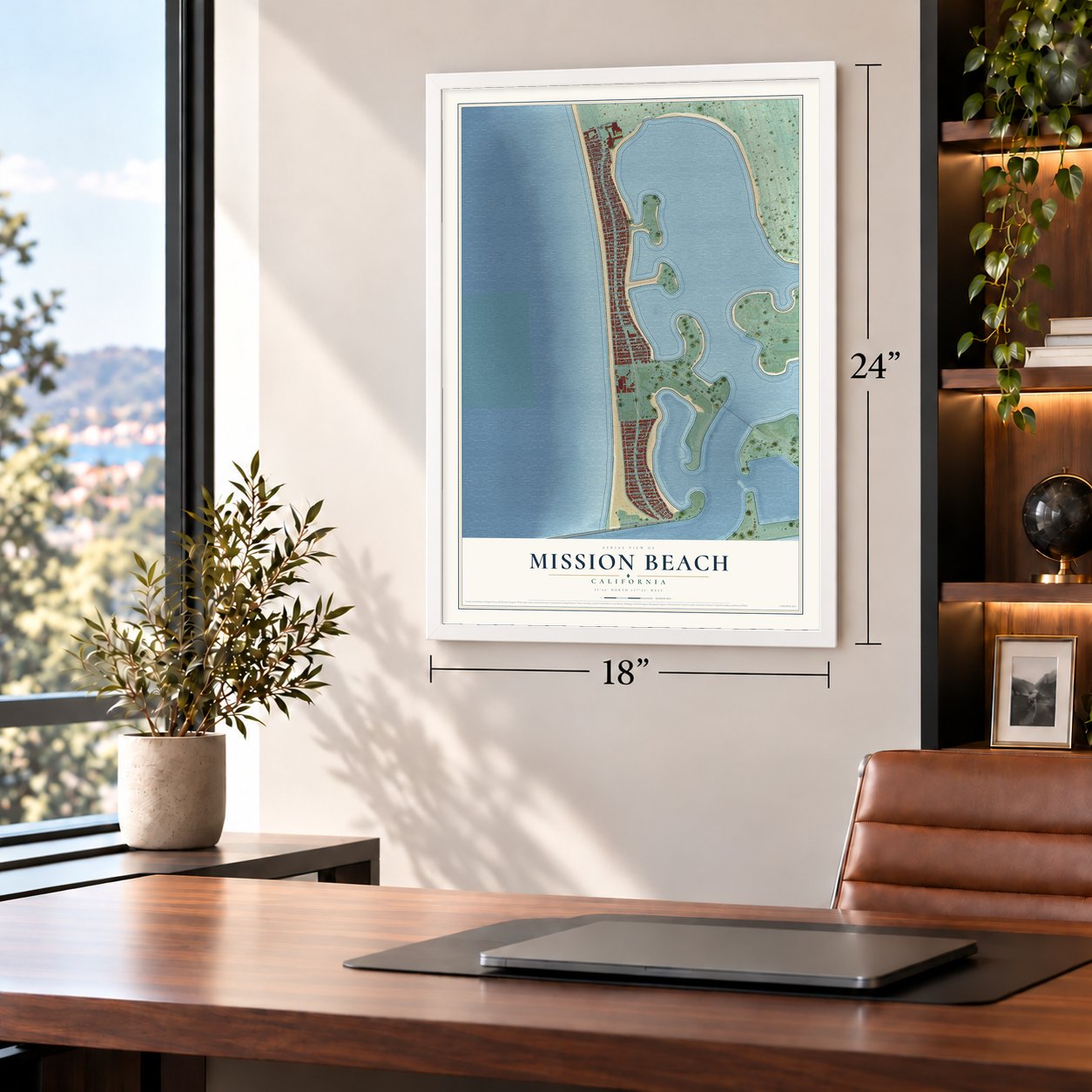 Mission Beach, California map, 18 x 24 inch print in a white frame in a home office