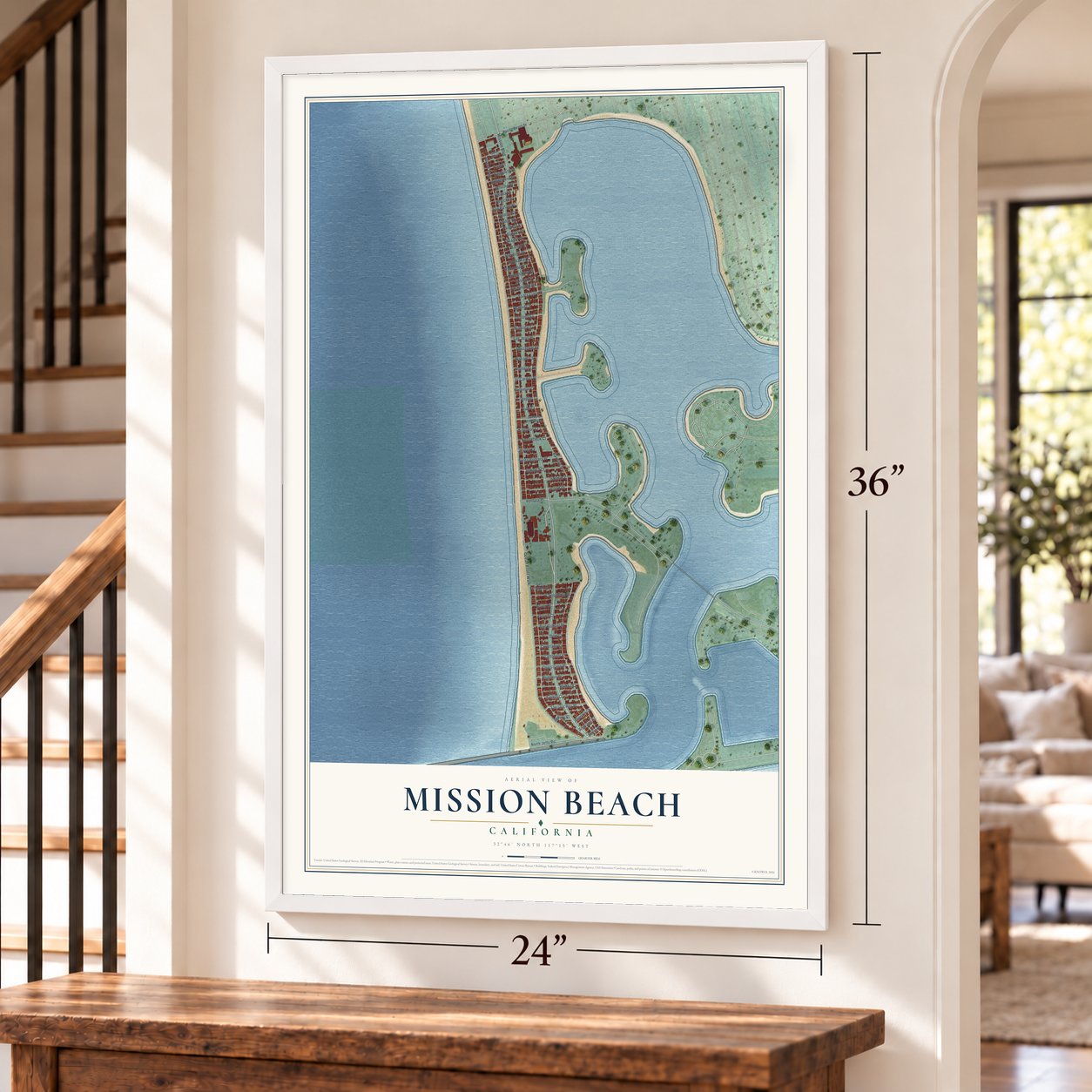 Mission Beach, California map, 24 x 36 inch print in a white frame by a staircase