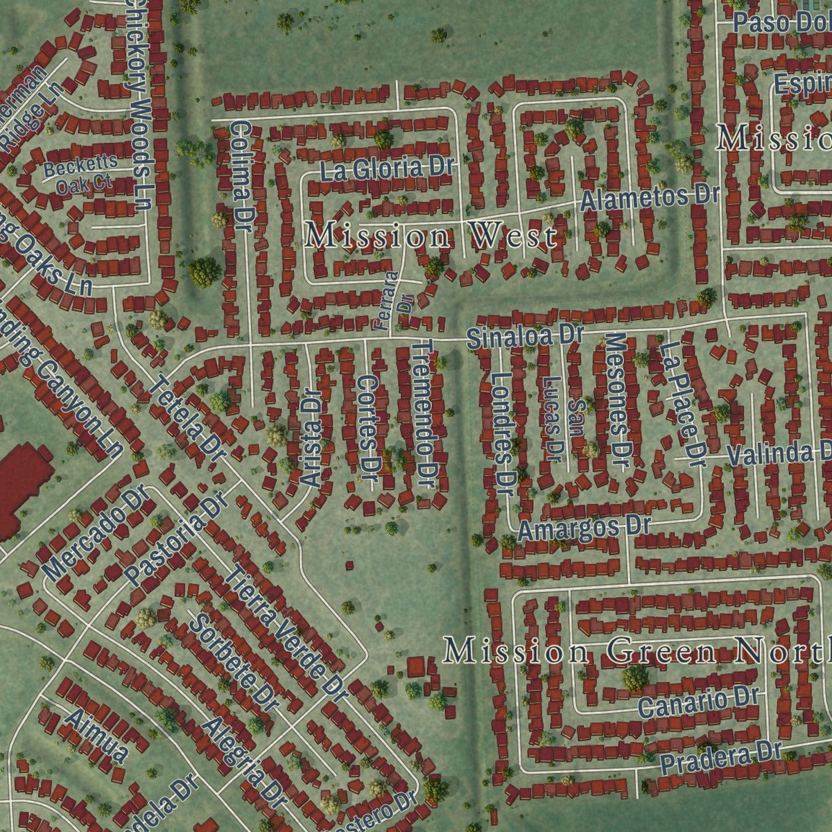 Second close-up of the map of Mission Bend, Texas print showing more streets and buildings