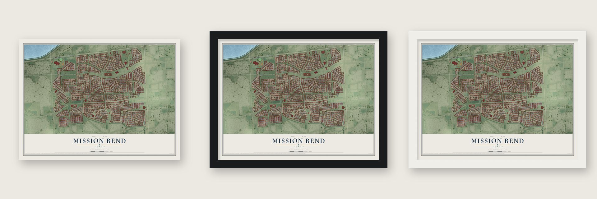 Mission Bend, Texas map unframed, in a black wood frame and in a white wood frame