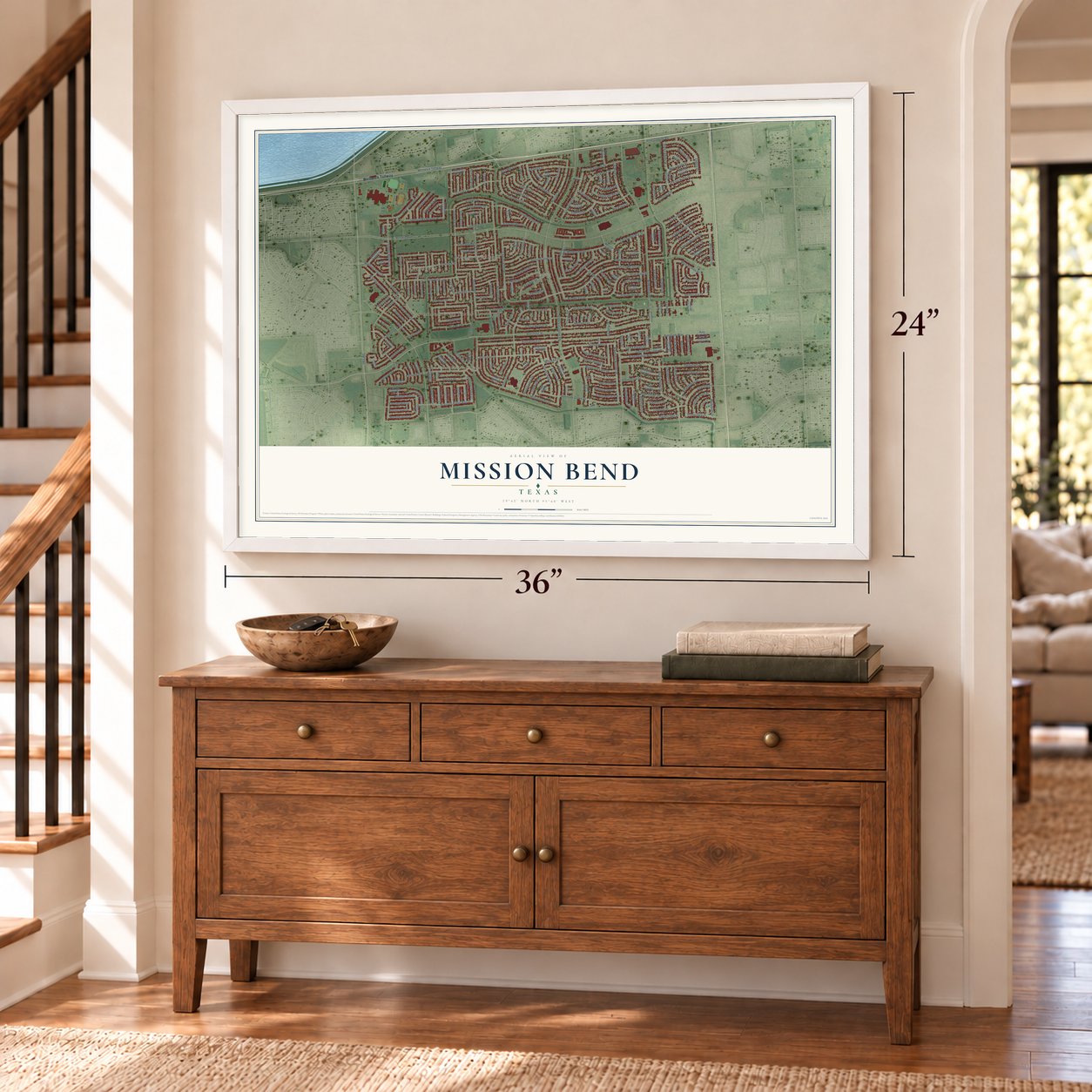 Mission Bend, Texas map, 24 x 36 inch print in a white frame above a dresser by a staircase